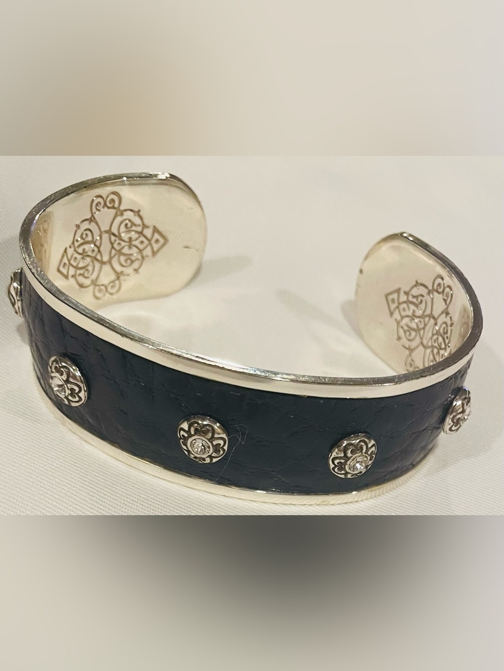 Brighton Joplin Cuff Bracelet, navy leather studded with clear crystal, 1 inch